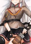  1girl absurdres asymmetrical_legwear belt black_belt black_gloves black_legwear black_skirt blush breasts brown_jacket closed_mouth flask girls_frontline gloves grey_hair hair_ribbon highres holding_flask holster huge_filesize jacket jewelry long_hair lying medium_breasts muteppona_hito on_back partly_fingerless_gloves ribbon ring shirt silver_hair simple_background skirt smile solo svd_(girls_frontline) thighhighs uniform white_shirt 