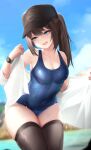  1girl bangs blue_eyes blush breasts brown_hair cameltoe cleavage collarbone dima_(girls&#039;_frontline) genderswap genderswap_(mtf) girls&#039;_frontline hat high_ponytail highres ka941 long_hair medium_breasts one-piece_swimsuit school_swimsuit shiny shiny_clothes shirt sidelocks skindentation solo swimsuit thick_thighs thighhighs thighs undressing wet wet_clothes 