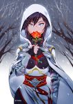  1girl absurdres armor bare_tree brown_hair cape cowboy_shot flower highres looking_at_viewer rose rwby short_hair silver_eyes snow solo summer_rose sytokun tree white_cape white_hood winter 