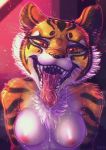  2020 absurd_res anthro bodily_fluids breasts digital_media_(artwork) dimwitdog dreamworks fangs felid female hi_res kung_fu_panda mammal master_tigress mouth_shot nipples open_mouth oral_invitation pantherine saliva solo stripes sweat tiger tongue tongue_out 