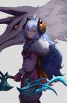  1girl ahoge black_sclera blue_hair bow bow_(weapon) braid cero_(last2stage) closed_mouth eyebrows_visible_through_hair flower fur_trim gloves grey_background grin hair_between_eyes hair_bow highres holding holding_bow_(weapon) holding_weapon horn_flower horns lamb_(league_of_legends) league_of_legends light_blue_hair orange_bow orange_eyes parted_lips purple_eyes purple_gloves sharp_teeth simple_background slit_pupils smile spirit spirit_blossom_kindred teeth weapon wolf wolf_(league_of_legends) 