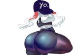  2020 4:3 anthro big_butt bottomwear butt clothing digital_media_(artwork) fan_character female fish goldeen hat headgear headwear huge_butt jackie_(mrlusty) lips looking_back marine mrlusty nintendo one_leg_up pok&eacute;mon pok&eacute;mon_(species) raised_leg rear_view red_eyes short_stack simple_background solo thick_thighs topwear video_games white_background white_body white_skin wide_hips yoga_pants 