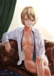  1girl abazu-red areolae blonde_hair blue_eyes bottomless braid breasts collared_shirt couch crossed_legs darjeeling_(girls_und_panzer) girls_und_panzer highres large_breasts long_sleeves naked_shirt navel open_clothes open_shirt shirt short_hair sitting solo tied_hair twin_braids white_shirt 