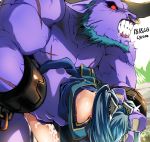  1boy 1girl alistar aqua_hair bare_shoulders black_sclera bush chain clenched_teeth clothed_sex cuffs cum cyrano dated facial_hair fingernails glowing glowing_eye highres league_of_legends long_hair muscle outdoors piercing red_eyes saliva scar sex shackles signature size_difference sona_buvelle speed_lines sweat teeth tree trembling twintails veins 