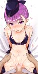  1boy 1girl ankh bangs bare_shoulders bikini black_bikini black_bow black_gloves black_headwear black_legwear blush bottomless bow breasts censored commentary_request donutman fate/grand_order fate_(series) garrison_cap gloves hair_bow hat heart heart-shaped_pupils heart_censor helena_blavatsky_(swimsuit_archer)_(fate) hetero highres leaning_back looking_at_viewer missionary navel open_mouth penis ponytail pov purple_eyes purple_hair pussy revision sex short_hair small_breasts solo_focus spread_legs stomach_bulge swimsuit symbol-shaped_pupils thighhighs thighs vaginal 