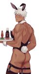  1boy alternate_costume alternate_hairstyle animal_ears archer ass back bara brown_eyes bunny_ears bunny_tail dark_skin dark_skinned_male detached_collar dildo fate/stay_night fate_(series) feet_out_of_frame highres light_smile looking_at_viewer looking_back lube male_focus male_playboy_bunny revealing_clothes sa_kamichi sex_toy short_hair solo tail thick_thighs thighs tray white_background white_hair 