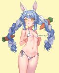  1girl absurdres animal_ear_fluff animal_ears bangs bare_arms bare_shoulders bikini birkai blue_hair blush braid breasts bunny_ears carrot_hair_ornament collarbone commentary_request cowboy_shot eyebrows_visible_through_hair food_themed_hair_ornament groin hair_ornament hands_up highres hololive long_hair looking_at_viewer multicolored_hair navel side-tie_bikini simple_background small_breasts solo standing stomach swimsuit twin_braids twitter_username two-tone_hair usada_pekora virtual_youtuber white_bikini white_hair yellow_background 