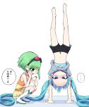  ... 2girls barefoot black_shorts blush boots bra forehead frilled_skirt frills frown goggles goggles_on_head green_eyes green_hair grey_shirt gumi hair_ornament handstand hatsune_miku highres kasaki_sakura knee_boots layered_skirt long_hair looking_at_viewer looking_at_watch multiple_girls navel open_mouth orange_shirt pout red_goggles shirt short_hair short_sleeves shorts skirt smile speech_bubble spoken_ellipsis squatting striped striped_bra translated trembling twintails underwear upside-down very_long_hair vocaloid watch white_background white_footwear wristwatch 