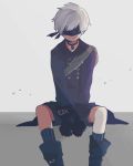  1boy backpack bag black_blindfold black_choker black_footwear black_gloves black_legwear blindfold choker closed_mouth gloves highres maco22 male_focus nier_(series) nier_automata sitting smile socks solo white_hair yorha_no._9_type_s 