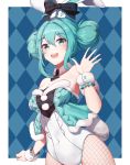  1girl :d absurdres animal_ears aqua_eyes aqua_hair argyle argyle_background bangs bare_shoulders bicute_bunnies_miku blush border bow breasts bunny_ears bunny_tail cleavage commentary covered_navel detached_collar double_bun ear_ribbon fake_animal_ears fake_tail fishnet_legwear fishnets hair_between_eyes hand_up hatsune_miku heart highres leotard long_hair looking_at_viewer medium_breasts nani_(goodrich) open_mouth outside_border pantyhose playboy_bunny sidelocks smile solo strapless strapless_leotard tail vocaloid white_border white_legwear wrist_cuffs 