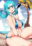  1girl aqua_hair bangs beach bikini blue_bikini blush breasts cleavage cloud cloudy_sky exeggutor eyebrows_visible_through_hair freckles gen_1_pokemon heart kenron_toqueen lana&#039;s_mother_(pokemon) leaf long_hair navel original outdoors pokemon pokemon_(anime) pokemon_sm_(anime) sidelocks sky solo swept_bangs swimsuit 