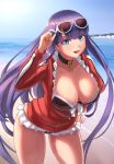  1girl bangs beach bikini black_bikini blue_eyes blue_sky blunt_bangs blush breasts cleavage collarbone cross_choker earrings eyewear_on_head fate/grand_order fate_(series) frilled_bikini frills highres jacket jewelry kanki_(kibunhasaikou) large_breasts long_hair long_sleeves looking_at_viewer ocean open_mouth purple_hair red_jacket saint_martha saint_martha_(swimsuit_ruler)_(fate) shore sky smile sunglasses swimsuit thighs 