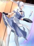  1girl absurdres apron artist_name black_gloves blue_eyes breasts cleavage feet_out_of_frame food glass gloves hair_bun hair_over_one_eye highres ice_cream indoors maid maid_apron maid_headdress medium_breasts patreon_username photoshop_(medium) pulled_by_self rwby short_sleeves skirt skirt_lift solo standing sundae thighhighs thighs tray vilde_loh_hocen watermark white_hair winter_schnee 