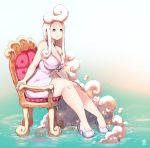  1girl breasts cloud cloud_hair dress hand_on_thigh high_heels highres kenron_toqueen large_breasts long_hair looking_at_viewer original sahne sitting sleeveless sleeveless_dress smile solo throne tight_dress very_long_hair white_dress white_footwear white_hair 