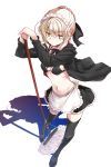  1girl apron artoria_pendragon_(all) artoria_pendragon_(swimsuit_rider_alter) bikini black_bikini black_bow black_coat black_jacket black_legwear black_swimsuit bow bowtie braid breasts choker coat fate/grand_order fate_(series) french_braid frilled_apron frilled_bikini frilled_choker frills highres hood hoodie jacket maid_bikini maid_headdress mop navel open_clothes open_hoodie over-kneehighs shibamine_takashi solo swimsuit thighhighs waist_apron white_apron yellow_eyes 