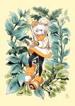  1girl alien black_legwear blue_eyes blush dress full_body gloves hair_bun highres index_finger_raised kenron_toqueen leaf long_sleeves orange_gloves original outline plant puffy_long_sleeves puffy_sleeves shoes solo space_helmet spacesuit white_hair white_outline yellow_background 