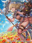  1girl blonde_hair blue_sky braid breastplate brown_eyes cloud company_name copyright_name faye_(fire_emblem) fire_emblem fire_emblem_cipher fire_emblem_echoes:_shadows_of_valentia flower gloves holding long_hair official_art open_mouth petals polearm senchat sky solo thigh_strap twin_braids weapon 