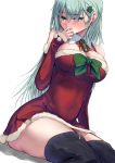  1girl bare_shoulders black_footwear blush boots breasts cleavage detached_collar detached_sleeves eyebrows_visible_through_hair green_eyes green_hair hair_between_eyes hair_ornament hairclip highres kantai_collection large_breasts long_hair santa_costume simple_background solo suzuya_(kantai_collection) thigh_boots thighhighs white_background zombie_mogura 
