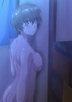  1girl ass breasts brown_hair grey_eyes hair_between_eyes indoors kosokosomaru_(higashi_taishi) medium_breasts mizuno_nanatsu nude short_hair sideboob solo standing thick_eyebrows 