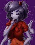  1girl absurdres black_hair black_sclera bow dress extra_arms extra_eyes finger_to_mouth grey_skin hair_bow hand_up highres index_finger_raised insect_girl kim_milk looking_at_viewer monster_girl muffet purple_background purple_eyes red_bow red_dress short_hair silk simple_background smile solo spider_girl spider_web two_side_up undertale upper_body v 