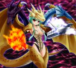  1girl :o blush breasts bunji cleavage collarbone commentary cowboy_shot dragon dragon_girl dragon_tail dragon_wings duel_monster five-headed_dragon green_hair large_breasts leotard looking_at_viewer mecha_musume multiple_heads red_eyes solo standing tail wings yuu-gi-ou 