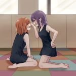  2girls :d bare_arms bare_legs bare_shoulders barefoot black_dress blush brown_hair commentary_request dolly_(to_aru_kagaku_no_railgun) dress face-to-face hand_on_hip highres indoors kneeling kouzaku_mitori kuro-kinoko-obake multiple_girls open_mouth purple_eyes purple_hair short_dress short_hair sitting smile to_aru_kagaku_no_railgun to_aru_majutsu_no_index wariza younger 