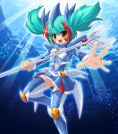  1girl :d aqua_hair armor blue_legwear blue_skirt breasts bunji duel_monster elemental_hero_ocean eyebrows_visible_through_hair feet_out_of_frame genderswap genderswap_(mtf) holding holding_polearm holding_weapon long_hair long_sleeves looking_at_viewer open_mouth polearm shoulder_armor skirt small_breasts smile solo thighhighs twintails underwater weapon yellow_eyes yuu-gi-ou 