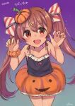  1girl black_tank_top brown_eyes brown_hair character_name commentary_request cowboy_shot curled_fingers dated halloween_costume hat jack-o&#039;-lantern kantai_collection leaning_forward libeccio_(kantai_collection) long_hair looking_at_viewer mini_hat night night_sky orange_scrunchie pumpkin_skirt scrunchie silica_(silica_silylate) sky solo strike_witches tan tank_top twintails world_witches_series wrist_scrunchie 