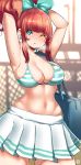  1girl aqua_bow aqua_eyes armpits arms_up bag bikini bikini_top blurry blurry_background bow breasts cleavage earrings hair_bow highres jewelry kenron_toqueen large_breasts looking_at_viewer navel one_eye_closed original parted_lips pleated_skirt red_hair shoulder_bag sidelocks skirt solo swimsuit tomatita white_skirt 