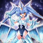  1girl :d blue_hair brionac_dragon_of_the_ice_barrier bunji claws collarbone cowboy_shot dragon_girl dragon_wings duel_monster flat_chest headgear long_hair looking_at_viewer open_mouth orange_eyes personification school_swimsuit smile solo standing swimsuit twintails v-shaped_eyebrows very_long_hair wings yuu-gi-ou 