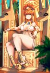  1girl armlet bangs blunt_bangs blurry blurry_background blurry_foreground crown earrings egyptian_clothes hair_bun highres jewelry kenron_toqueen leaf long_hair original parted_lips platform_footwear red_hair sandals sidelocks signature sitting smile solo sparkle statue thick_thighs thighs throne tomatita 