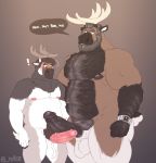  age_difference anthro antlers balls capreoline cervid clock duo frottage genitals hi_res horn male male/male mammal older_male pecs penis reindeer rhys_(rine) rine sex size_difference watch younger_male 