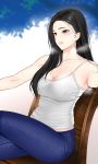  1girl bare_shoulders black_eyes black_hair blush breasts chair covered_nipples denim earrings highres jeans jewelry kimjunho long_hair mole mole_on_breast original pants parted_lips solo teeth 