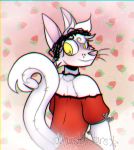  anthro blush chromatic_aberration clothed clothing dress felid feline female food fruit fur mammal pawstelstars_(artist) pink_nose plant red_clothing red_dress smile solo stitch_(disambiguation) strawberry thorns whiskers white_body white_cat white_fur yellow_eyes 