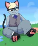  2020 animal_crossing anthro blonde_hair clothed clothing domestic_cat dragotrashcan eyewear feet felid feline felis fur glasses grey_body grey_fur grin hair hi_res macro male mammal nintendo pawpads raymond_(animal_crossing) sitting smile video_games 