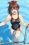  1girl :d bangs black_swimsuit blue_eyes brown_hair climbing commentary covered_navel droplet eyebrows_visible_through_hair foot_up hair_ribbon idolmaster idolmaster_million_live! kamille_(vcx68) light_smile looking_at_viewer medium_hair one-piece_swimsuit open_mouth ponytail pool pool_ladder red_ribbon ribbon satake_minako sidelocks smile solo swimsuit thigh_gap water wet wet_clothes wet_swimsuit 