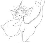  1:1 anthro bent_over big_breasts big_nipples big_tail blush bodily_fluids breast_expansion breasts dripping dripping_milk eeveelution expansion female hi_res holding_breast huge_breasts hyper hyper_breasts lactating line_art monochrome nintendo nipples obikuragetyan pok&eacute;mon pok&eacute;mon_(species) simple_background solo surprise sweat_mark top_heavy vaporeon video_games white_background 