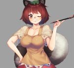  animal_ears breasts brown_dress brown_eyes brown_hair collarbone dress eyebrows_visible_through_hair futatsuiwa_mamizou glasses grey_background hair_ornament highres large_breasts leaf leaf_hair_ornament leaf_on_head lips looking_at_viewer one_eye_closed pipe raccoon_ears raccoon_tail red_ribbon ribbon short_sleeves simple_background tail tanuki tarmo touhou upper_body 