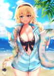  1girl :d beach bikini bikini_under_clothes bird black_bikini black_hairband blonde_hair blue_eyes blue_hoodie blue_sky blush braid breasts cleavage cloud collarbone day eyebrows_visible_through_hair fate/grand_order fate_(series) front-tie_bikini front-tie_top hair_between_eyes hairband highres holding holding_innertube innertube jeanne_d&#039;arc_(fate)_(all) jeanne_d&#039;arc_(swimsuit_archer) large_breasts long_braid looking_at_viewer ltsum navel ocean open_mouth palm_tree seagull single_braid sky smile solo swimsuit swimsuit_under_clothes tree 