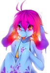  2017 5_fingers bikini blue_body blue_skin clothing collarbone cteno eyewear female fingers flat_chested glasses hair hi_res humanoid monster monster_girl_(genre) multi_arm multi_limb orange_tongue pink_hair pupils red_eyes ricegnat simple_background slime solo swimwear tongue tongue_out white_background yellow_pupils yellow_sclera 