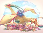  blue_eyes claws closed_mouth cloud commentary_request fangs flower flygon gen_3_pokemon gen_4_pokemon gible grass highres looking_back nagakura_(seven_walkers) open_mouth petals pokemon pokemon_(creature) pokemon_on_back smile tail tongue 