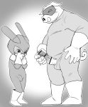  2020 anthro blush bulge clothed clothing domestic_pig duo erection erection_under_clothing genitals gradient_background humanoid_genitalia humanoid_penis lagomorph leporid male mammal manmosu_marimo monochrome penis rabbit simple_background standing suid suina sus_(pig) tongue tongue_out 