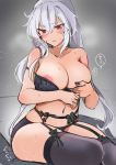  1girl absurdres areola_slip areolae black_bra black_legwear black_panties bra breasts cleavage collarbone garter_belt garter_straps grey_background grey_hair highres kantai_collection large_breasts long_hair messy_hair musashi_(kantai_collection) on_bed panties purple_nails red_eyes sitting sitting_on_bed sketch solo sound_effects speech_bubble steaming_body sweat thighhighs translation_request underwear yunamaro 