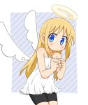  1other absurdres angel angel_wings bare_arms black_shorts blonde_hair blue_eyes broken_halo commentary cowboy_shot crimvael dress embarrassed halo highres ishuzoku_reviewers richard_(richaball) shorts solo sweatdrop white_dress wings 