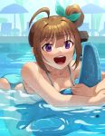  1girl :d ahoge bikini blue_bikini blue_ribbon blurry blurry_background commentary drill_hair droplet eyebrows_visible_through_hair hair_ribbon idolmaster idolmaster_million_live! inflatable_shark inflatable_toy kamille_(vcx68) leaning_forward looking_at_viewer open_mouth pool purple_eyes ribbon short_hair side_drill side_ponytail sidelocks smile solo swimming swimsuit water wet yokoyama_nao 