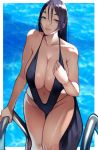  1girl absurdres bangs blue_swimsuit breasts center_opening cleavage fate/grand_order fate_(series) hair_between_eyes highres large_breasts long_hair looking_at_viewer minamoto_no_raikou_(fate/grand_order) navel one-piece_swimsuit parted_bangs parted_lips pool poolside purple_eyes purple_hair smile swimsuit thighs very_long_hair water wet yoshio_(55level) 