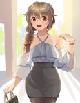  1girl :d backlighting bag bangs black_legwear black_skirt bracelet braid brown_hair brown_scrunchie commentary cowboy_shot day eyebrows_visible_through_hair hair_ornament hair_over_shoulder hair_scrunchie handbag high-waist_skirt holding idolmaster idolmaster_cinderella_girls jewelry kamille_(vcx68) long_sleeves looking_at_viewer miniskirt off-shoulder_shirt off_shoulder open_mouth orange_eyes outdoors pantyhose pencil_skirt scrunchie senkawa_chihiro shirt single_braid skirt smile solo standing white_shirt wide_sleeves 