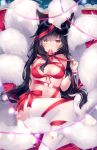  1girl ahri animal_ears bangs bdsm bell bell_collar black_hair blush bondage bound breasts choker collar fox_ears fox_tail hand_on_own_chest highres kumiho league_of_legends long_hair looking_at_viewer medium_breasts naked_ribbon red_ribbon ribbon shouu-kun sitting solo tail thighhighs tied_up vastaya very_long_hair whisker_markings yellow_eyes 