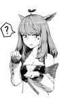  1girl 625214684 ? absurdres animal_ears bangs bare_shoulders breasts cat_ears chinese_commentary cleavage collarbone detached_sleeves eyebrows_visible_through_hair facial_mark final_fantasy final_fantasy_xiv heart highres long_hair long_sleeves medium_breasts miqo&#039;te monochrome open_mouth paw_pose plant simple_background solo speech_bubble spoken_question_mark upper_body white_background 