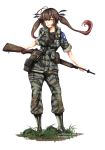  1girl absurdres alternate_costume antenna_hair arms_behind_back battle_rifle black_ribbon boots breasts brown_eyes brown_hair camouflage camouflage_pants camouflage_shirt commission cowboy_shot english_commentary full_body girls_frontline gun haonfest_art highres m14 m14_(girls_frontline) pants pants_tucked_in pouch ribbon rifle small_breasts smile smoke_grenade solo twintails weapon white_background 